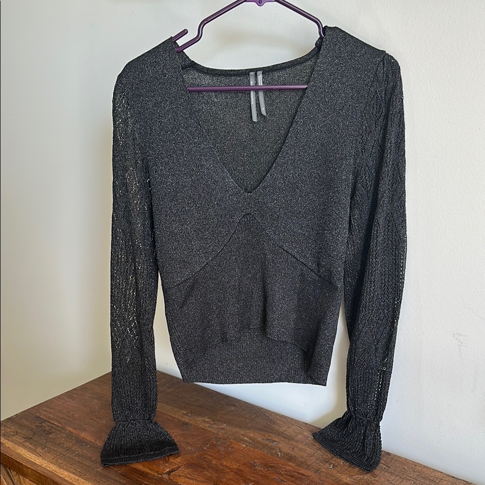 Anthropologie Chic Black Sparkly Open Knit Sleeve V-Neck Sweater